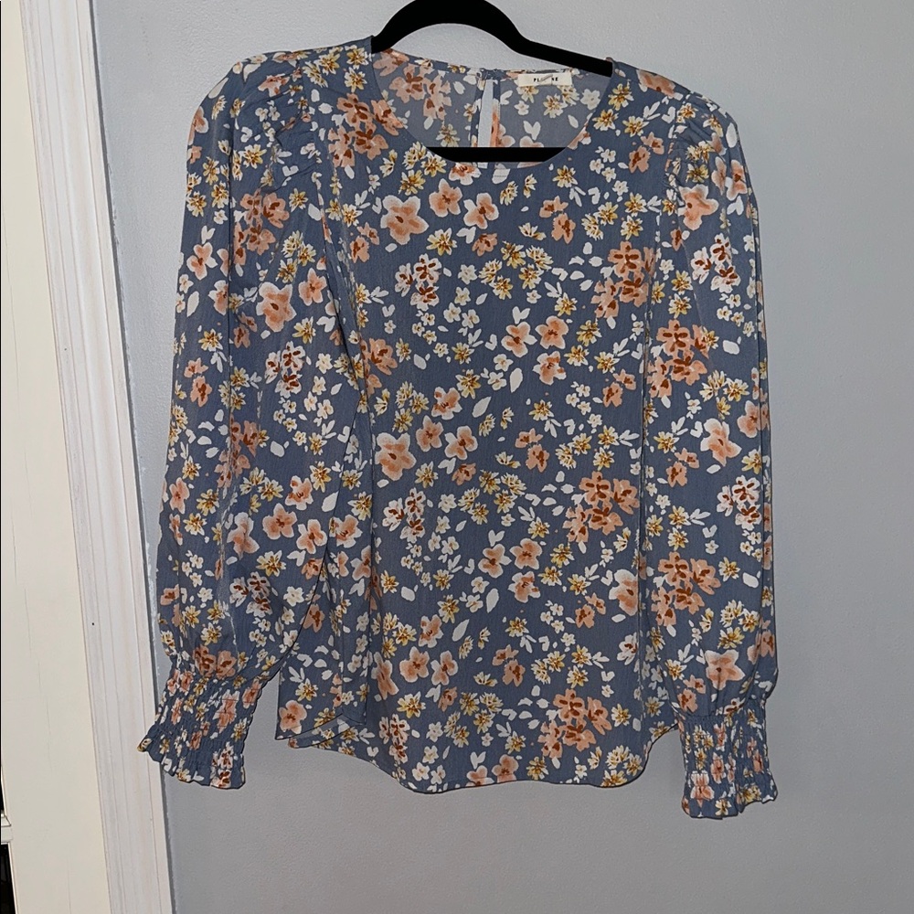 Pleione Blue and Cream Floral Blouse